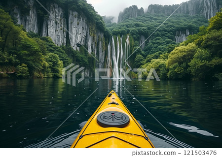 A tranquil kayak adventure through lush mountains and a serene waterfall landscape, perfect for nature enthusiasts. 121503476