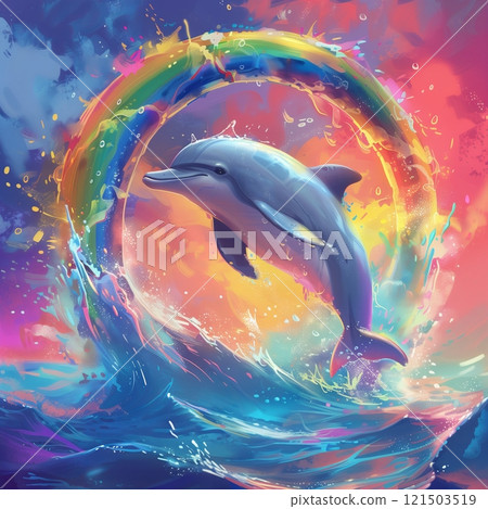 A vibrant dolphin leaps through colorful waves beneath a bright rainbow, capturing the joy of ocean life. A vibrant dolphin leaps through colorful waves beneath a bright rainbow, capturing the joy of ocean life. 121503519