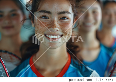A joyful young girl smiling confidently, ready for a tennis match, showcasing team spirit and determination. A joyful young girl smiling confidently, ready for a tennis match, showcasing team spirit and determination. 121503564