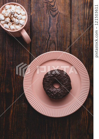 Chocolate Donut and Mug of Hot Chocolate with Marshmallow 121503611