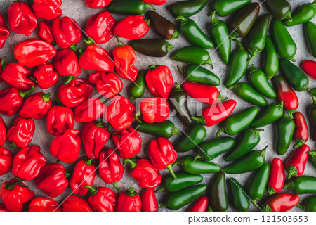 Sorted Hot Jalapeno and Habanero Peppers 121503653