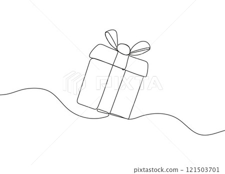 Continuous one line drawing of a holiday gift box with a bow and ribbon. Minimalist design Continuous one line drawing of a holiday gift box with a bow and ribbon. Minimalist design 121503701