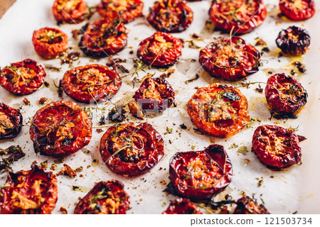 Cooked Sun Dried Tomatoes with Olive Oil, Garlic and Thyme 121503734
