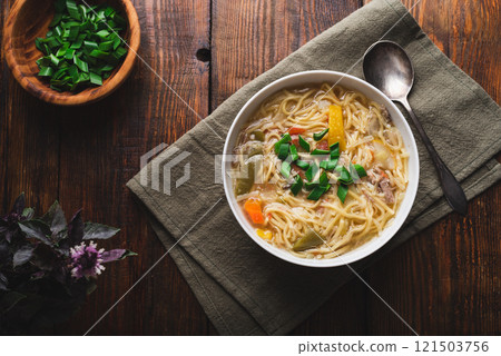 Noodle Soup with Vegetables and Duck Meat 121503756