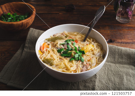 Hot Soup with Noodles, Duck and Vegetables Hot Soup with Noodles, Duck and Vegetables 121503757