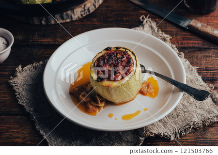 Baked Zucchini Stuffed with Ground Meat and Greens Baked Zucchini Stuffed with Ground Meat and Greens 121503766