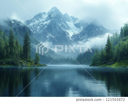 A tranquil lake and magnificent snow-capped mountain scenery 121503872