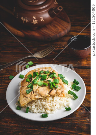 Oyakodon dish on white plate Oyakodon dish on white plate 121504009