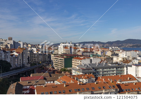 Vigo. View of the city of Vigo from Spain. View of the Atlantic coast. Atlantic Ocean. Background photo. Digital image. Panoramic view with drone. Aerial view of the port of the Spanish city of Vigo. 121504075