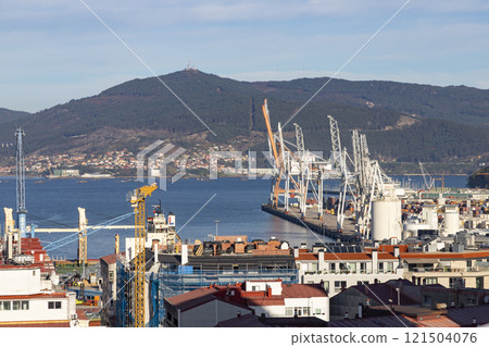 Vigo. View of the city of Vigo from Spain. View of the Atlantic coast. Atlantic Ocean. Background photo. Digital image. Panoramic view with drone. Aerial view of the port of the Spanish city of Vigo. 121504076