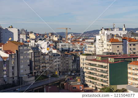 Vigo. View of the city of Vigo from Spain. View of the Atlantic coast. Atlantic Ocean. Background photo. Digital image. Panoramic view with drone. Aerial view of the port of the Spanish city of Vigo. 121504077
