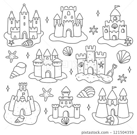 Sandcastles. Big set. Summer Sand Castles. Sea shells. Outline Doodle illustration for colouring pages. Editable Stroke. Fun illustration of sea life. Sandcastles. Big set. Summer Sand Castles. Sea shells. Outline Doodle illustration for colouring pages. Editable Stroke. Fun illustration of sea life. 121504359