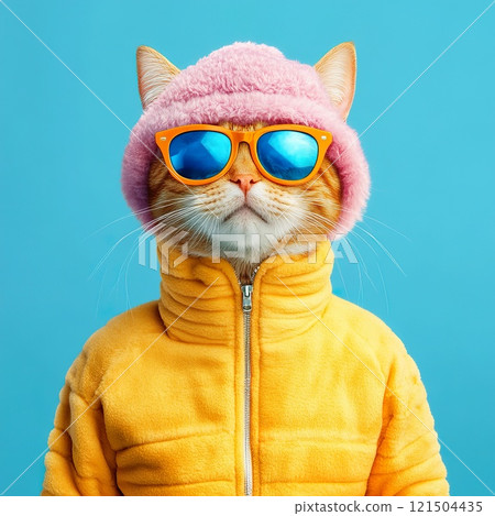 Cat in sunglasses and jacket against blue background looking stylish and cool. Cat in sunglasses and jacket against blue background looking stylish and cool. 121504435