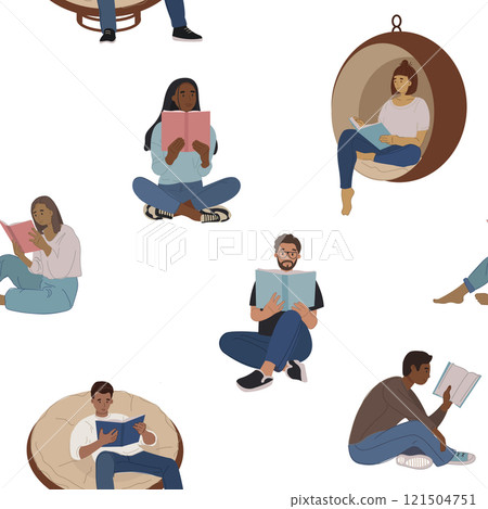 Seamless pattern with diverse reading people. A modern print with book readers. 121504751