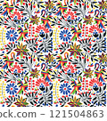 Seamless pattern with birds and floral ornament in the style of Mexican otomi embroidery 121504863