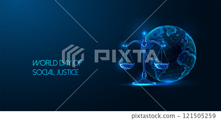World Day of Social Justice concept with glowing Earth and scales on dark blue background. World Day of Social Justice concept with glowing Earth and scales on dark blue background. 121505259