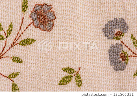Texture of beige flower fabric. Cotton as a background Texture of beige flower fabric. Cotton as a background 121505331