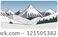 Simple flat graphic vector illustration of abstract snowy mountain landscape with snowcapped mount peaks and fir forest at winter day. Cartoon sketch concept for mountaineering or hiking tourism. 121505382