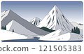 Flat graphic vector illustration of abstract snowy mountain landscape with frozen river among snowcapped peaks and mount range at winter day. Cartoon sketch for mountaineering or hiking tourism. 121505383