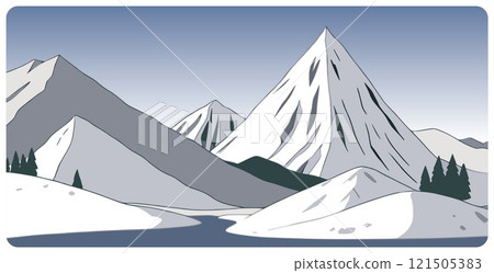 Flat graphic vector illustration of abstract snowy mountain landscape with frozen river among snowcapped peaks and mount range at winter day. Cartoon sketch for mountaineering or hiking tourism. Flat graphic vector illustration of abstract snowy mountain landscape with frozen river among snowcapped peaks and mount range at winter day. Cartoon sketch for mountaineering or hiking tourism. 121505383