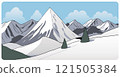 Flat graphic vector illustration of abstract snowy mountain landscape with triangular snowcapped peaks and mount range at winter day. Cartoon sketch concept for mountaineering or hiking tourism. 121505384