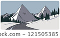 Simple flat graphic vector illustration of abstract snowy mountain landscape with road to snowcapped mount peaks and fir forest at winter day. Cartoon sketch for mountaineering or hiking tourism. 121505385