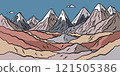 Flat cartoon graphic vector illustration of abstract mountain range landscape with colorful foothills and sharp triangular snowy mount peaks. Simple decorative sketch with rough uneven drawn outline. 121505386