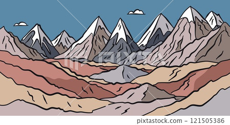 Flat cartoon graphic vector illustration of abstract mountain range landscape with colorful foothills and sharp triangular snowy mount peaks. Simple decorative sketch with rough uneven drawn outline. 121505386