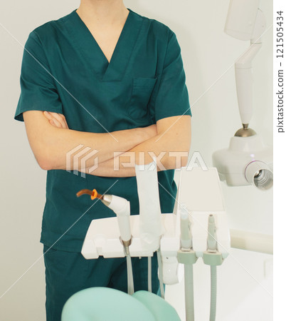 Dentist man in office near chair with dental supplies 121505434