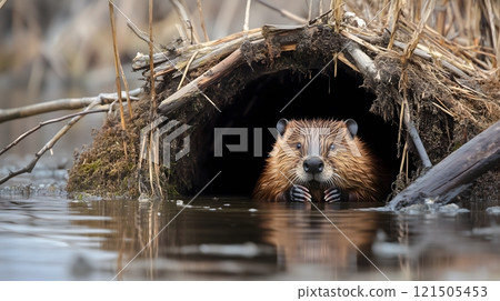 Beaver Emerging from Its Lodge in a Peaceful Wetland 121505453