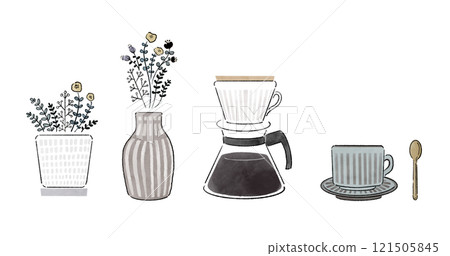 咖啡杯、滴頭、花瓶和植物等時尚休閒物品的套裝插圖。 121505845