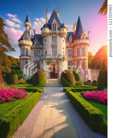 A grand, elegant castle with multiple turrets and spires, surrounded by meticulously manicured gardens and a paved pathway under a bright, partly cloudy sky A grand, elegant castle with multiple turrets and spires, surrounded by meticulously manicured gardens and a paved pathway under a bright, partly cloudy sky 121505905