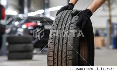 Man holding old car tire. Close up of mechanic's hands with wheel. Man holding old car tire. Close up of mechanic's hands with wheel. 121506038
