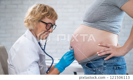 The doctor listens to the heartbeat of the baby of a pregnant woman.  121506113