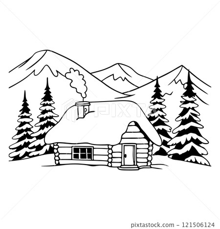 Vector hand drawn winter mountain woodman house. Winter hiking scene Vector hand drawn winter mountain woodman house. Winter hiking scene 121506124