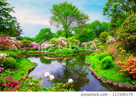 花卉和池塘花園 121506179