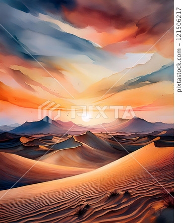 A stylized desert landscape at sunset, with a vibrant orange sky and rolling sand dunes 121506217
