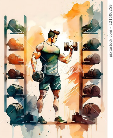 A muscular individual lifting dumbbells in a gym setting 121506259
