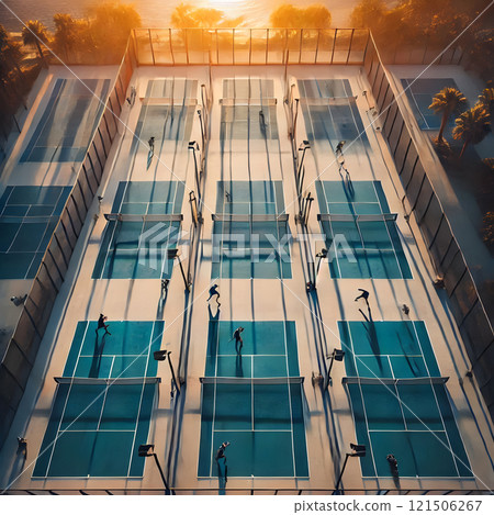 Aerial view of multiple tennis courts with players in action, casting long shadows in the golden hour light 121506267