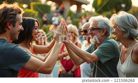 A group of people of various ages are engaged in a high-five gesture, creating a sense of unity and connection in an outdoor setting 121506268