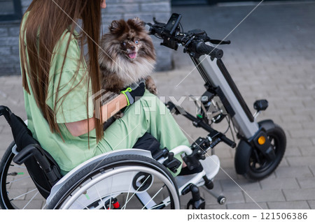A woman in a wheelchair with a hand-control assist device carries a Spitz merle dog. Electric handbike.  121506386