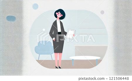 一位穿著西裝的女士在辦公室操作平板電腦 121506448