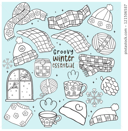Cute Groovy Retro Winter things essential stuff colouring image Illustration Hand Drawn Doodle Clipart set Cute Groovy Retro Winter things essential stuff colouring image Illustration Hand Drawn Doodle Clipart set 121506587
