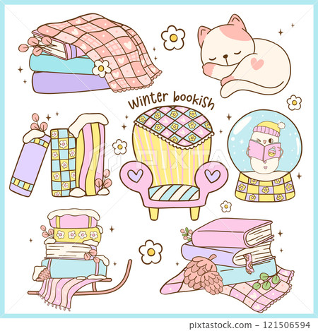 Group of Cute Groovy Retro Winter Bookish reading book Element Illustration Hand Drawn Doodle Clipart Set Group of Cute Groovy Retro Winter Bookish reading book Element Illustration Hand Drawn Doodle Clipart Set 121506594