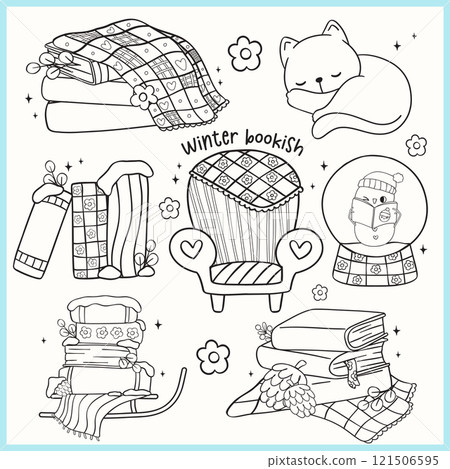 Group of Cute Groovy Retro Winter Bookish reading book Outline Element Doodle Clipart Set 121506595