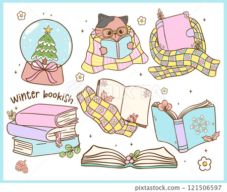 Pastel Groovy Retro Winter Bookish reading book Element Illustration Hand Drawn Doodle Clipart Set 121506597