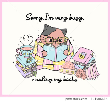 Cute Groovy Retro Winter Bookish Cat Reading Book with stacked of Books Illustration Hand Drawn Doodle. 121506616