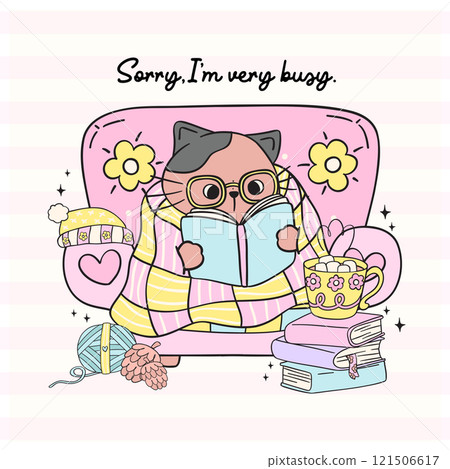 Cute Groovy Retro Winter Bookish Cat Reading on Cozy Sofa with Books Illustration Hand Drawn Doodle. 121506617