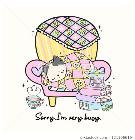 Cute Groovy Retro Winter Bookish Cat Sleeping on Cozy Sofa with Books Illustration Hand Drawn Doodle. Cute Groovy Retro Winter Bookish Cat Sleeping on Cozy Sofa with Books Illustration Hand Drawn Doodle. 121506619
