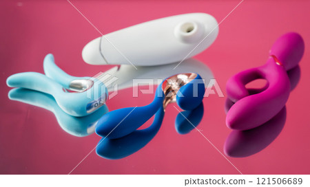 Set of various sex toys on a mirror background. Set of various sex toys on a mirror background. 121506689
